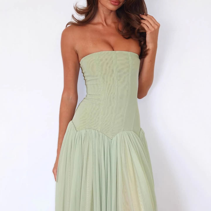 Damen elegantes, trägerloses Maxikleid mit fließendem Tüllrock