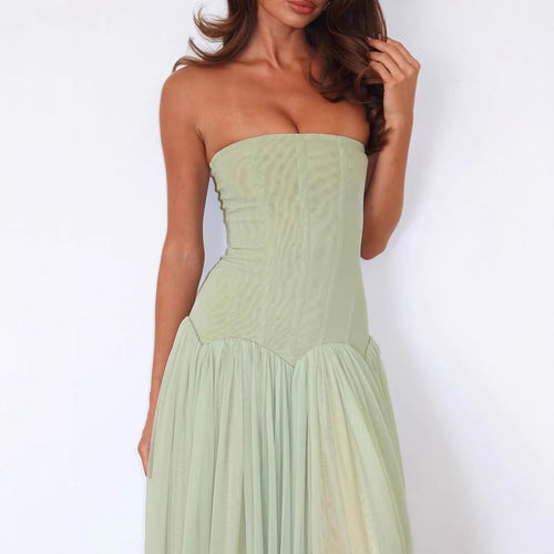 Damen elegantes, trägerloses Maxikleid mit fließendem Tüllrock
