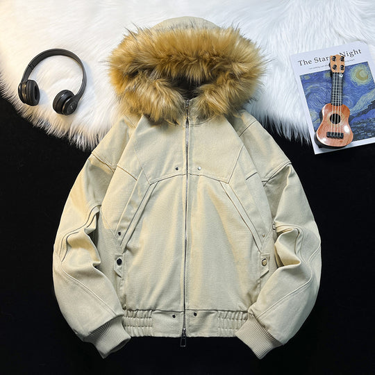 Unisex Wattierte Bomberjacke mit großer Kapuze und Kunstfellbesatz Nord Taschen