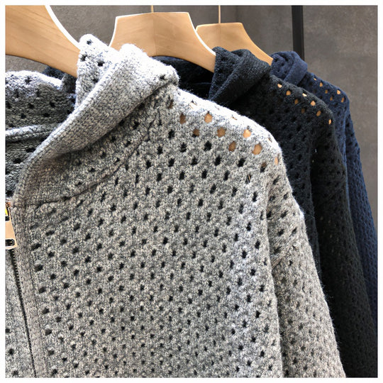 Unisex Leichte Lochstrick-Kapuzenzipjacke mit Ajourmuster Nord Taschen