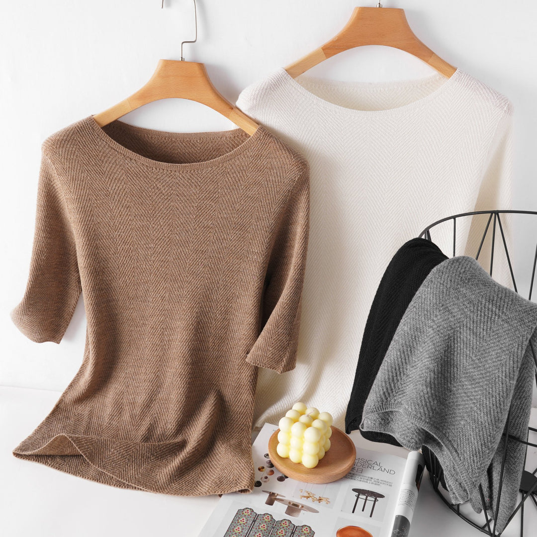Damen Lockeres Feinstrick-Tunika-Shirt mit U-Boot-Ausschnitt und Fischgrätstruktur Nord Taschen