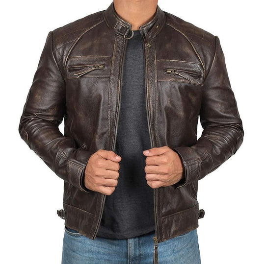 Herren Lederjacke Bikerstil aus echtem Leder mit Stehkragen und Zipper-Taschen Nord Taschen