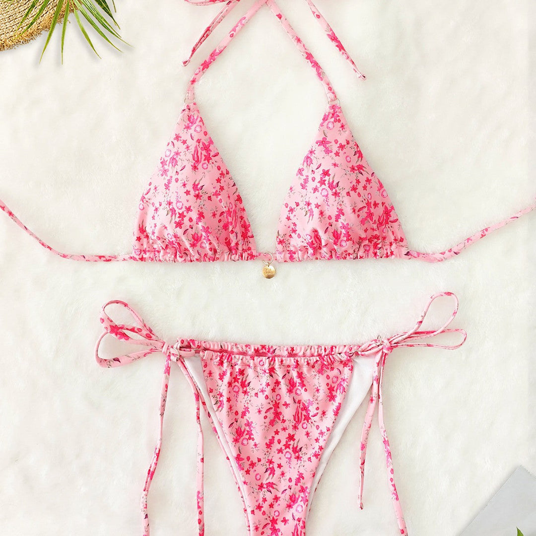 Damen Triangel-Bikini mit floralem Leopardenmuster und verstellbaren BindNord Taschenändern