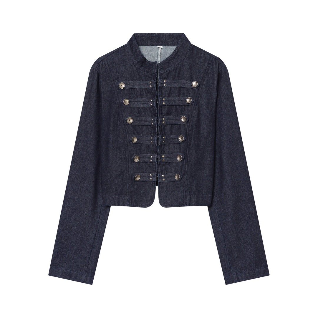 Damen Cropped Denim‑Militärjacke mit Stehkragen und dekorischer Zierknopfleiste Nord Taschen