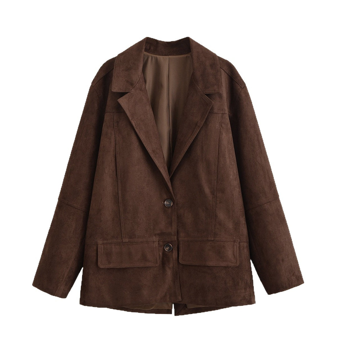 Damen Oversize Wildlederoptik-Blazerjacke mit Reverskragen und Pattentaschen Nord Taschen