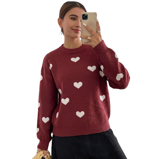 Damen Rundhals‑Strickpullover mit Herz‑Jacquard und lässiger Oversize‑Passform Nord Taschen