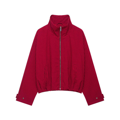 Damen Karierte Cropped-Boxy-Übergangsjacke mit hohem Stehkragen und Reißverschluss Nord Taschen