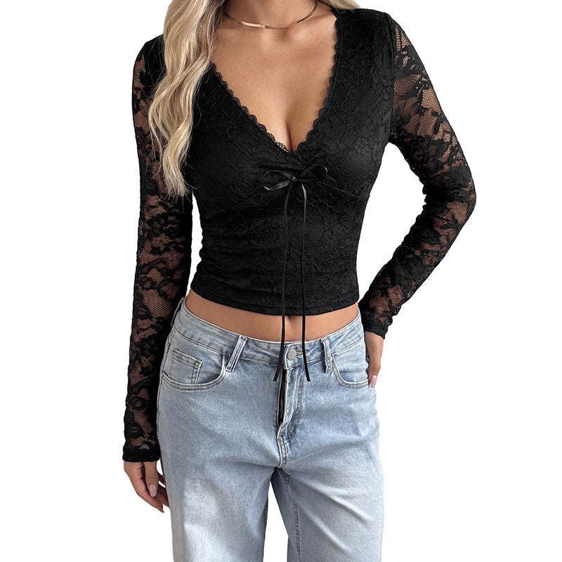 Damen Elegantes Langarmoberteil mit Spitzendetails Nord Taschen