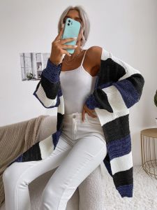 Damen Lässiger Strickmantel mit Streifen Nord Taschen