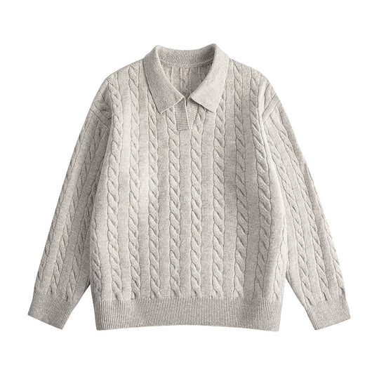 Damen Oversize Kabelstrick-Polo-Pullover mit V‑Ausschnitt und geripptem Saum Nord Taschen
