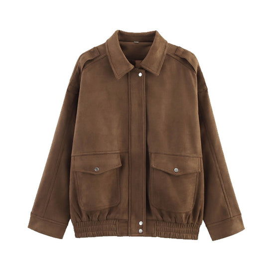 Damen Boxy-Übergangsjacke in Velourslederoptik mit Hemdkragen, aufgesetzten Pattentaschen und elastischem Bund Nord Taschen