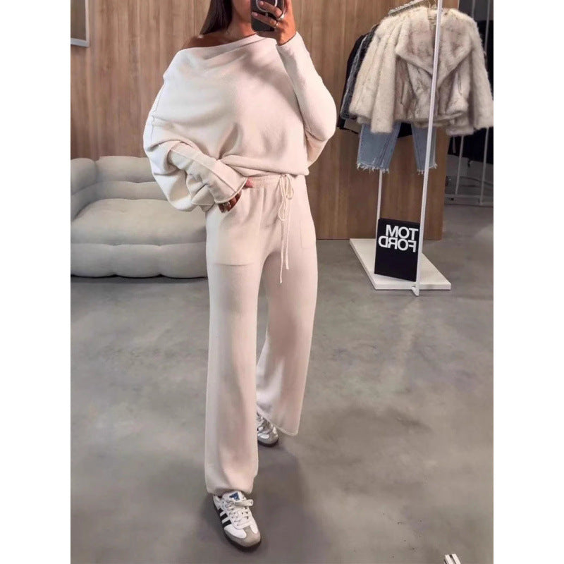Damen Strick-Loungewear-Set mit Oversize-Schulter, weitem Bein und Kordelzug Nord Taschen