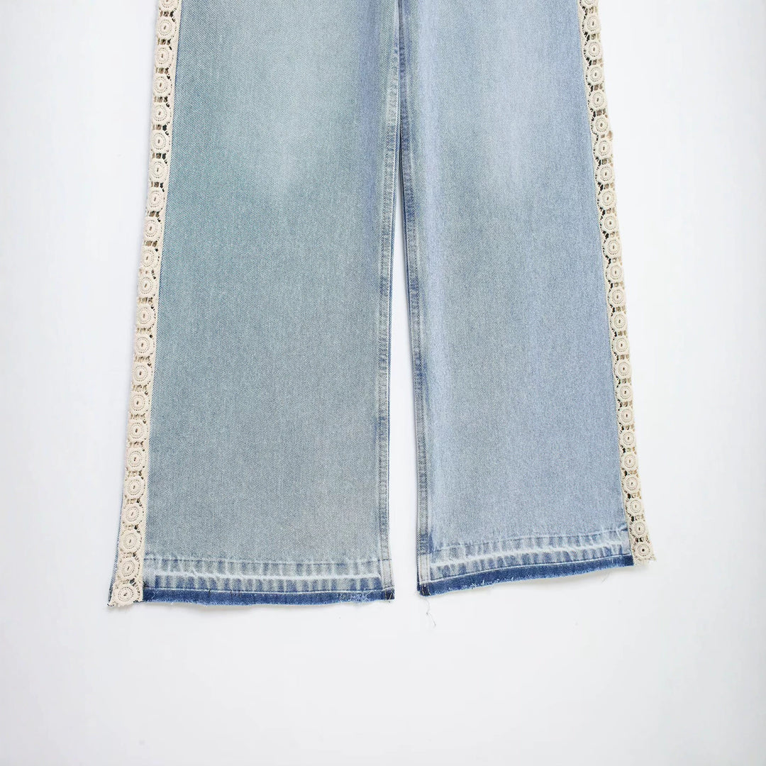 Damen Highwaist Cropped Wide‑Leg Jeans mit Häkelspitzen-Seitenstreifen Nord Taschen