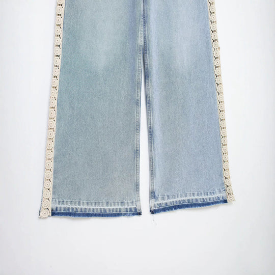 Damen Highwaist Cropped Wide‑Leg Jeans mit Häkelspitzen-Seitenstreifen Nord Taschen