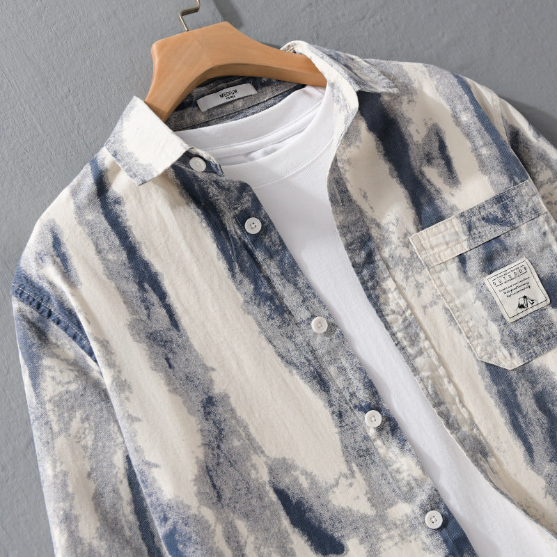 Herren Lockeres Hemdjacken-Overshirt aus Leinen-Baumwollmix mit abstraktem Brush‑Print und Kentkragen Nord Taschen