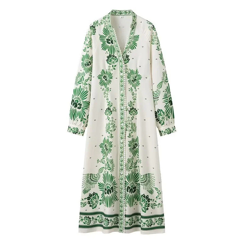 Damen Maxi-Kleid im Boho-Hemdstil mit Stehkragen und durchgehender Knopfleiste Nord Taschen