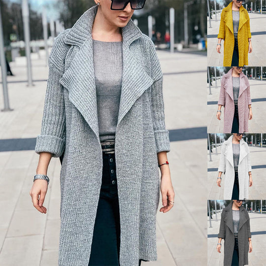 Damen Langer Offener Strickmantel mit Schalkragen und Umschlagärmeln Nord Taschen