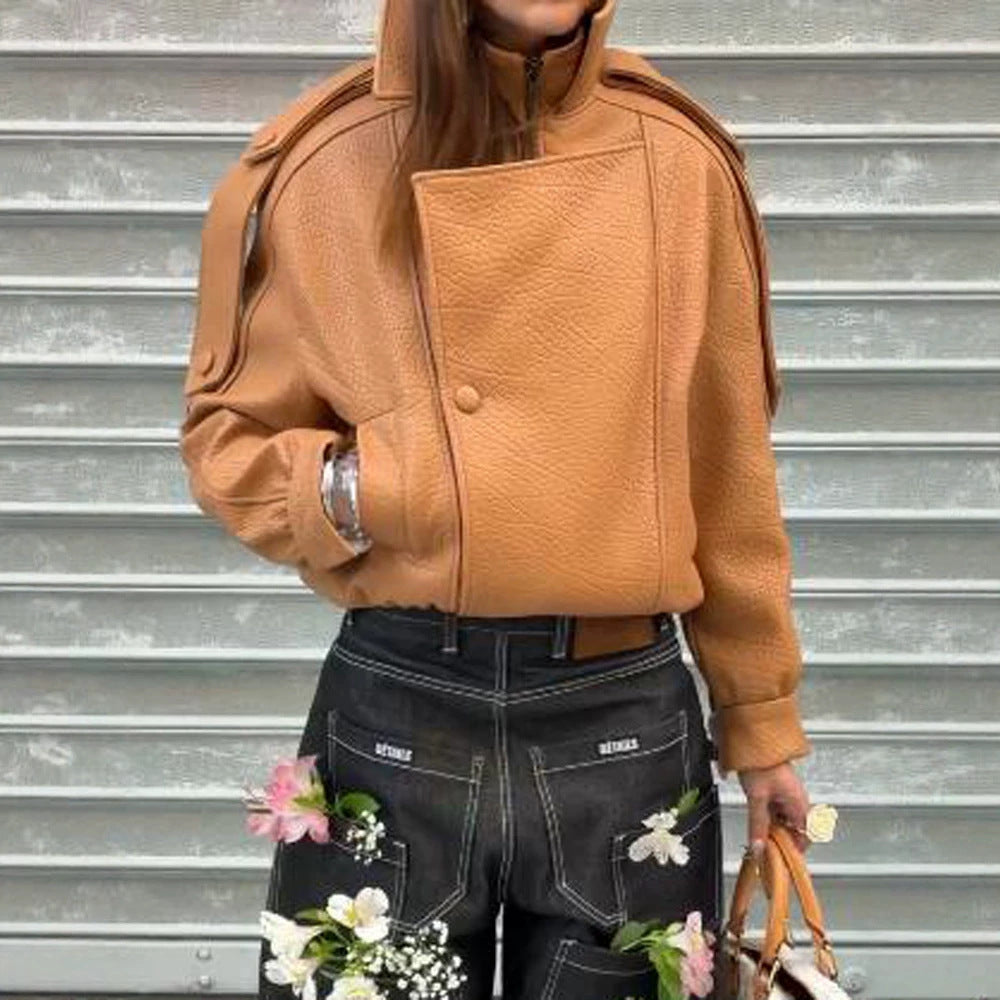 Damen Cropped Oversize-Jacke aus strukturiertem Kunstleder mit hohem Stehkragen Nord Taschen