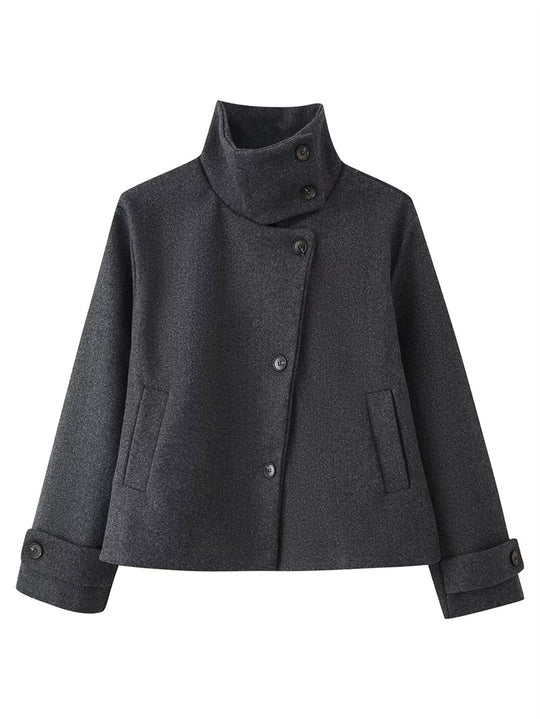 Damen kurze Boxy-Wolljacke mit Stehkragen und Manschetten Nord Taschen