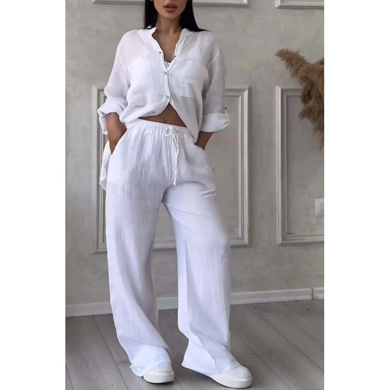 Damen Weite Leinenmix-Hose mit hohem Elastikbund, Kordelzug und Palazzo-Silhouette Nord Taschen