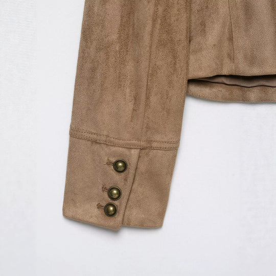 Damen Kurzjacke im Militärstil aus Veloursimitat mit Stehkragen, Epauletten und dekorativer Zierknopfleiste Nord Taschen