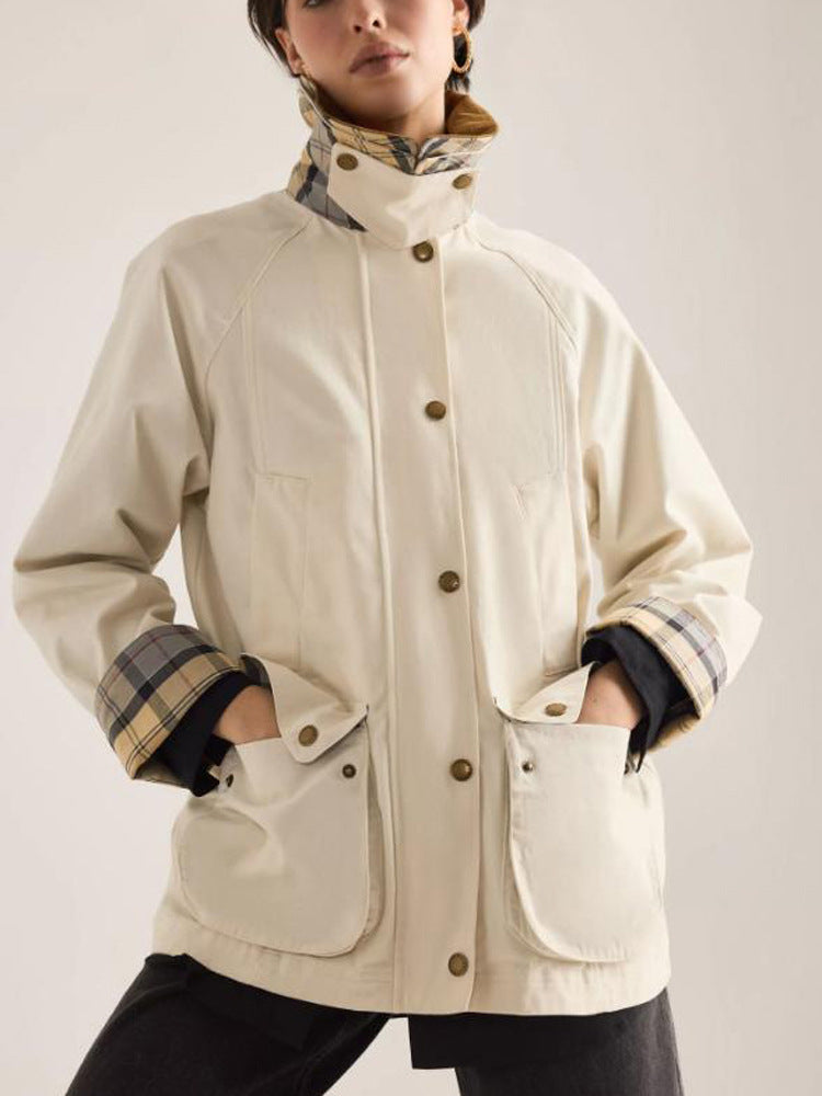 Damen Übergangsjacke mit Cordkragen, Karo-Innenmanschetten und aufgesetzten Taschen Nord Taschen