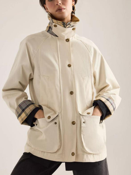 Damen Übergangsjacke mit Cordkragen, Karo-Innenmanschetten und aufgesetzten Taschen Nord Taschen