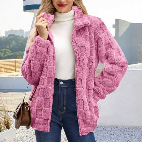 Damen Teddyjacke mit Karo-Struktur, Stehkragen und Reißverschluss Nord Taschen