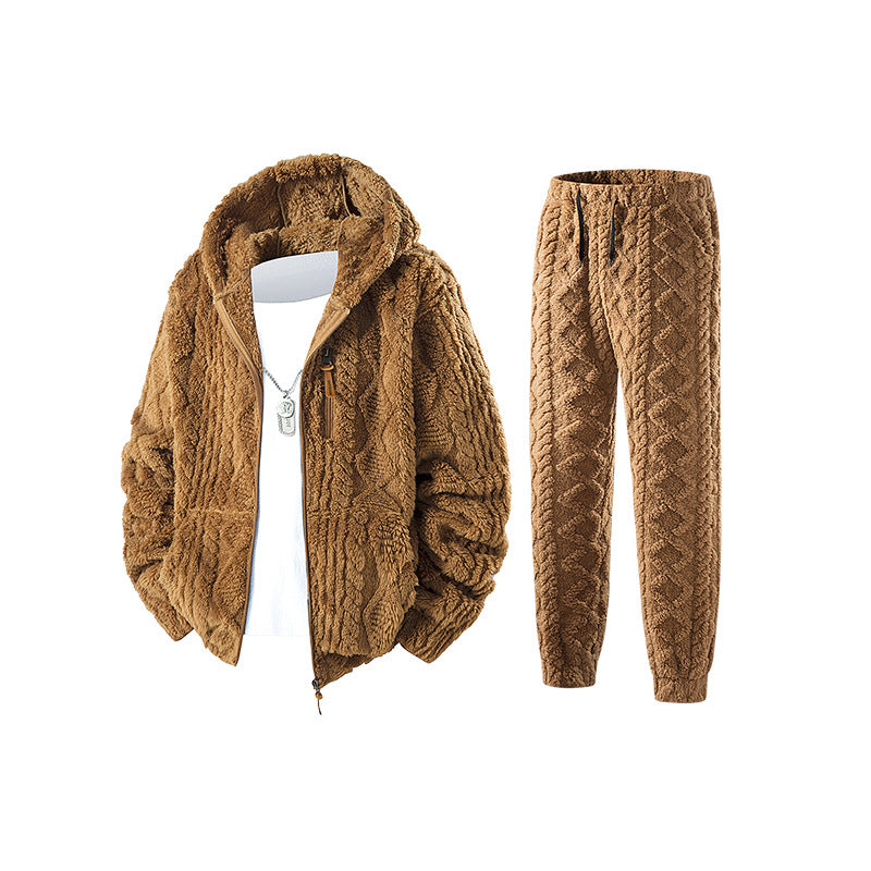Herren Kuscheliges Sherpa-Fleece Set mit Kapuzenjacke und Strick‑Optik Jogginghose Nord Taschen