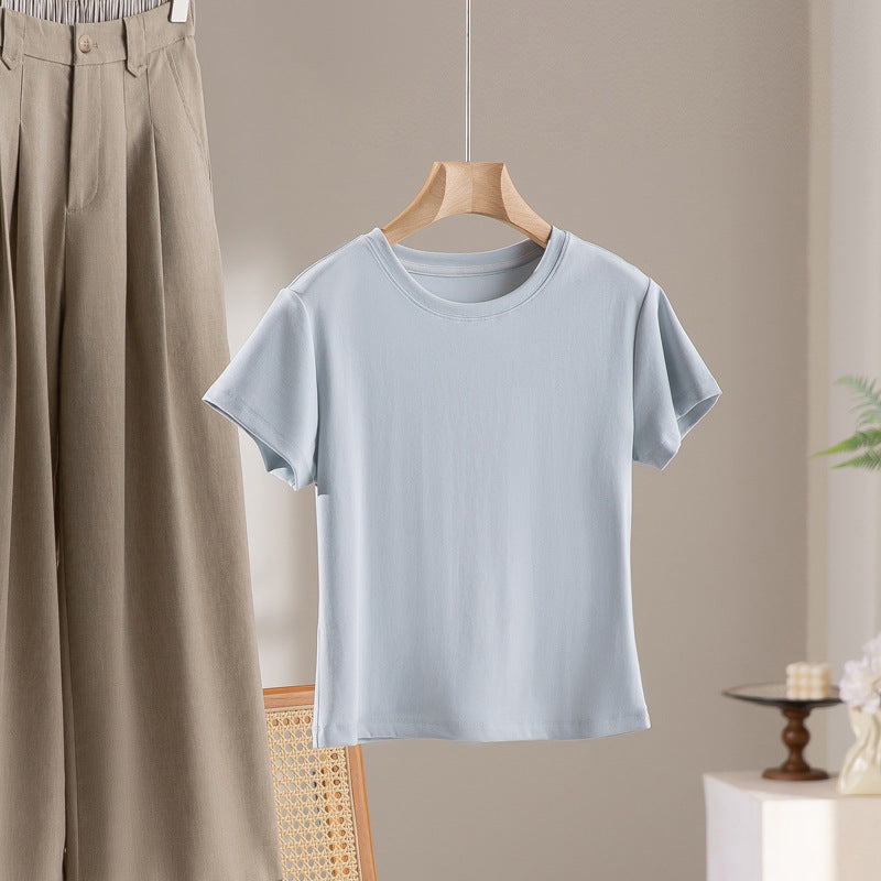Damen Kurzgeschnittenes Boxy-T-Shirt aus weichem Baumwollstretch mit Rundhalsausschnitt Nord Taschen