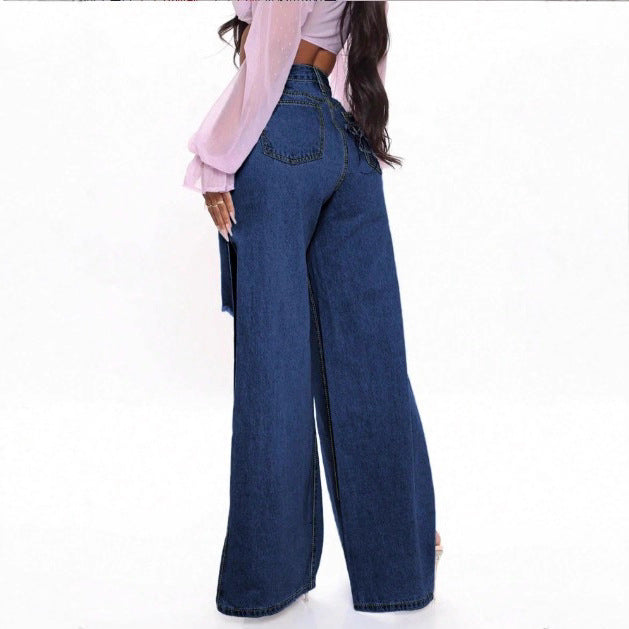 Damen High‑Waist Wide‑Leg Jeans mit hohen Seitenschlitzen und Destroyed-Details Nord Taschen