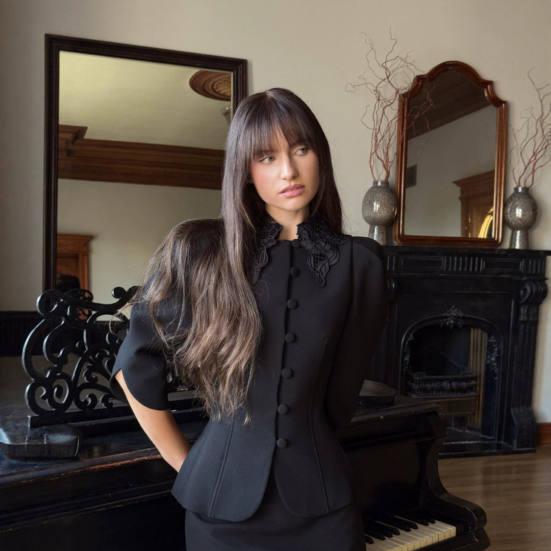 Damen Taillierter Blazer mit besticktem Schalkragen und Puffärmeln Nord Taschen