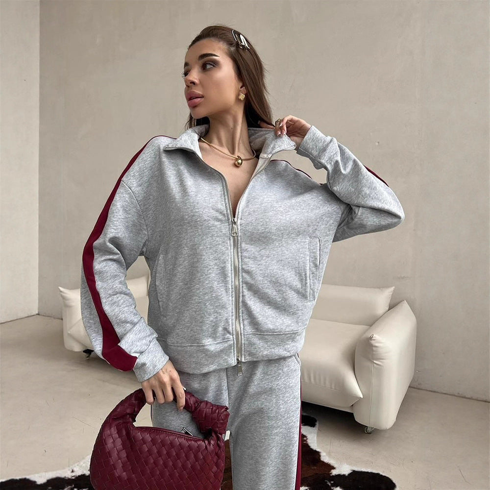 Damen weites Zip-Sweatset mit Kapuze, hohen Bund und seitlichem Kontraststreifen Nord Taschen