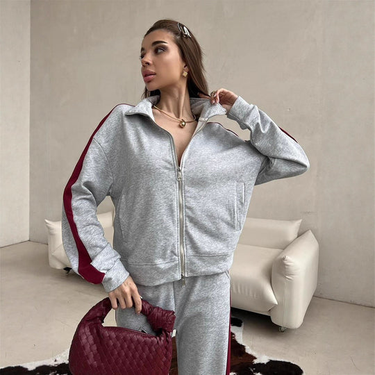 Damen weites Zip-Sweatset mit Kapuze, hohen Bund und seitlichem Kontraststreifen Nord Taschen