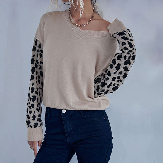 Damen V‑Ausschnitt Feinstrickpullover mit Leo‑Jacquardärmeln und überschnittener Passform Nord Taschen