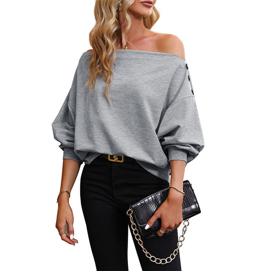Damen Oversize Off-Shoulder Sweatshirt mit Zierknopfleiste und Ballonärmeln Nord Taschen