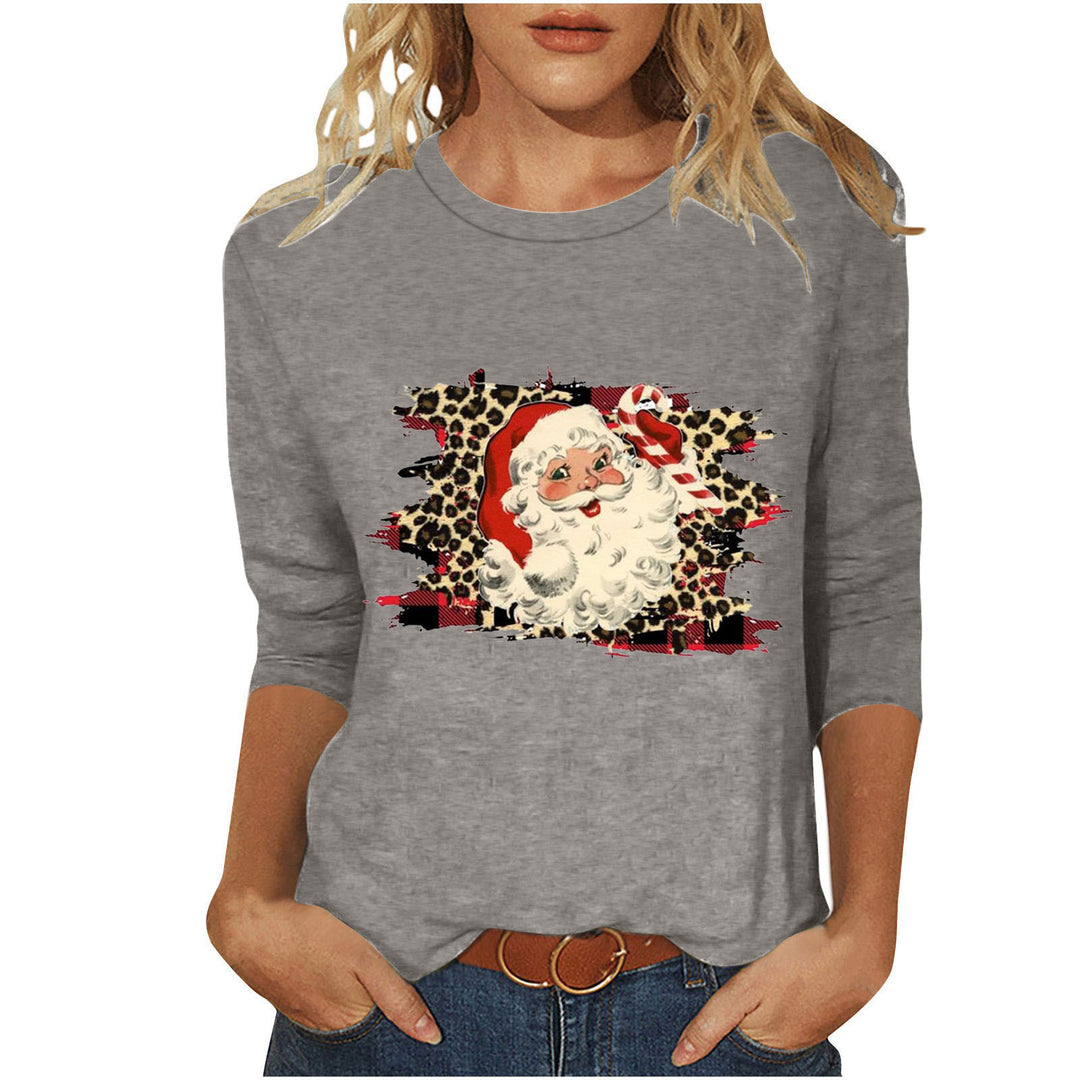 Damen nan lässiges Sweatshirt mit Retro-Weihnachtsmann-Print, Leoparden- und Karomuster und dreiviertelärmel Nord Taschen