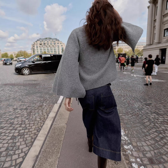 Damen Kurzes Wollmix‑Cape mit Rundhals, Tunnelzug‑Taillierung und Trompetenärmeln Nord Taschen