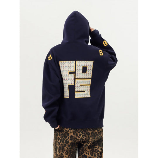 Unisex Oversized Kapuzenpullover mit großflächigem Intarsien‑Blockprint und geripptem Saum Nord Taschen