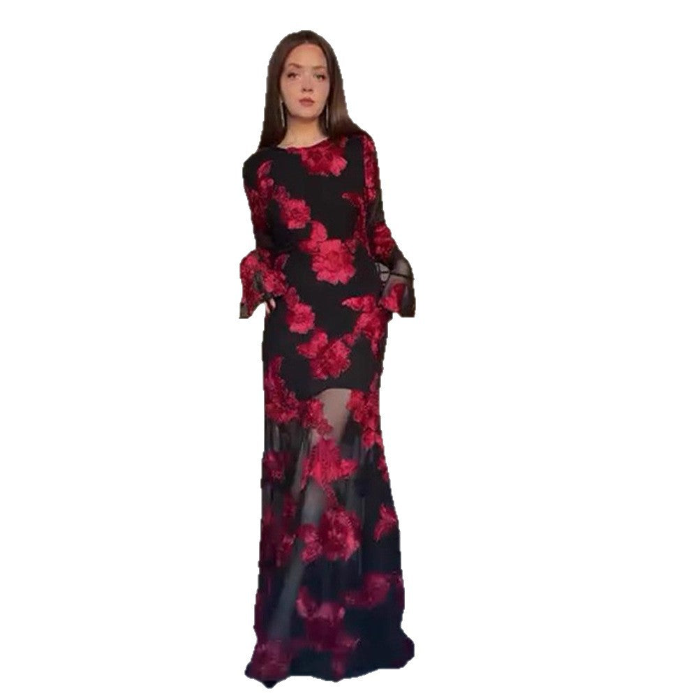 Damen Maxikleid mit transparentem Mesh und floraler Stickerei Nord Taschen