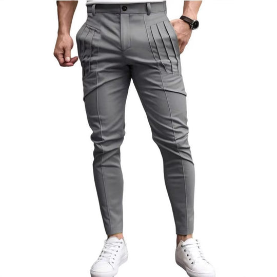Herren schmale Bundfalten-Chino mit dekorativen Längsfalten und tapered Bein Nord Taschen