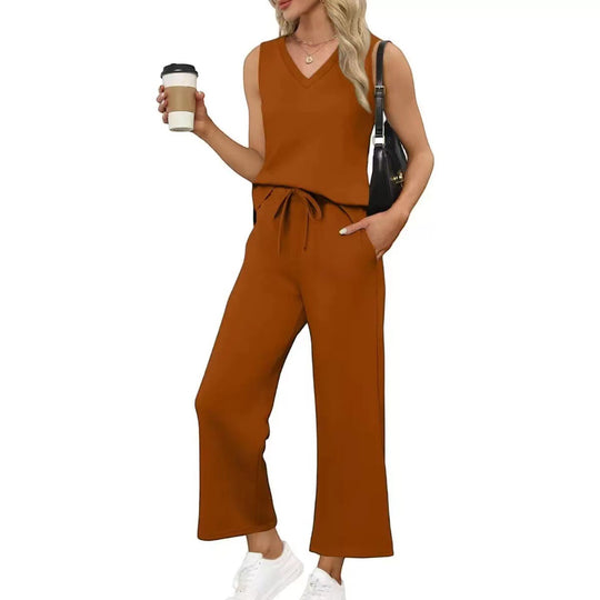 Damen Lässiges Zweiteiliges Lounge-Set mit Ärmellosem V-Neck-Top und Weiten Kordelbund-Hosen Nord Taschen