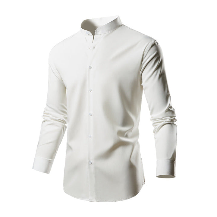 Herren elegantes Langarmhemd mit stehendem Kragen und modernen Knopfdetails