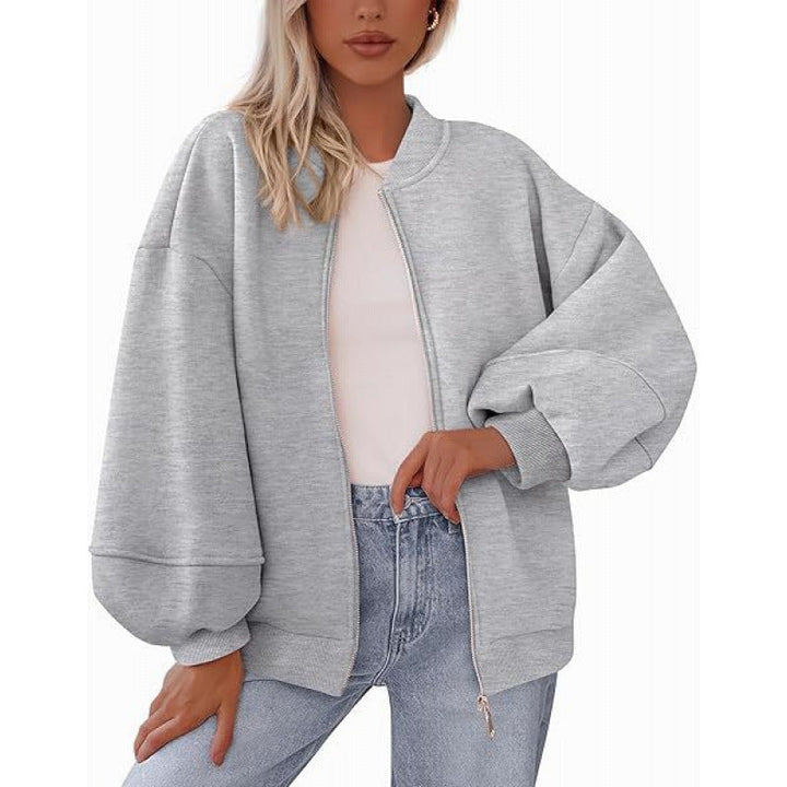 Damen lässige Oversized-Jacke mit Reißverschluss und ballonen Ärmeln
