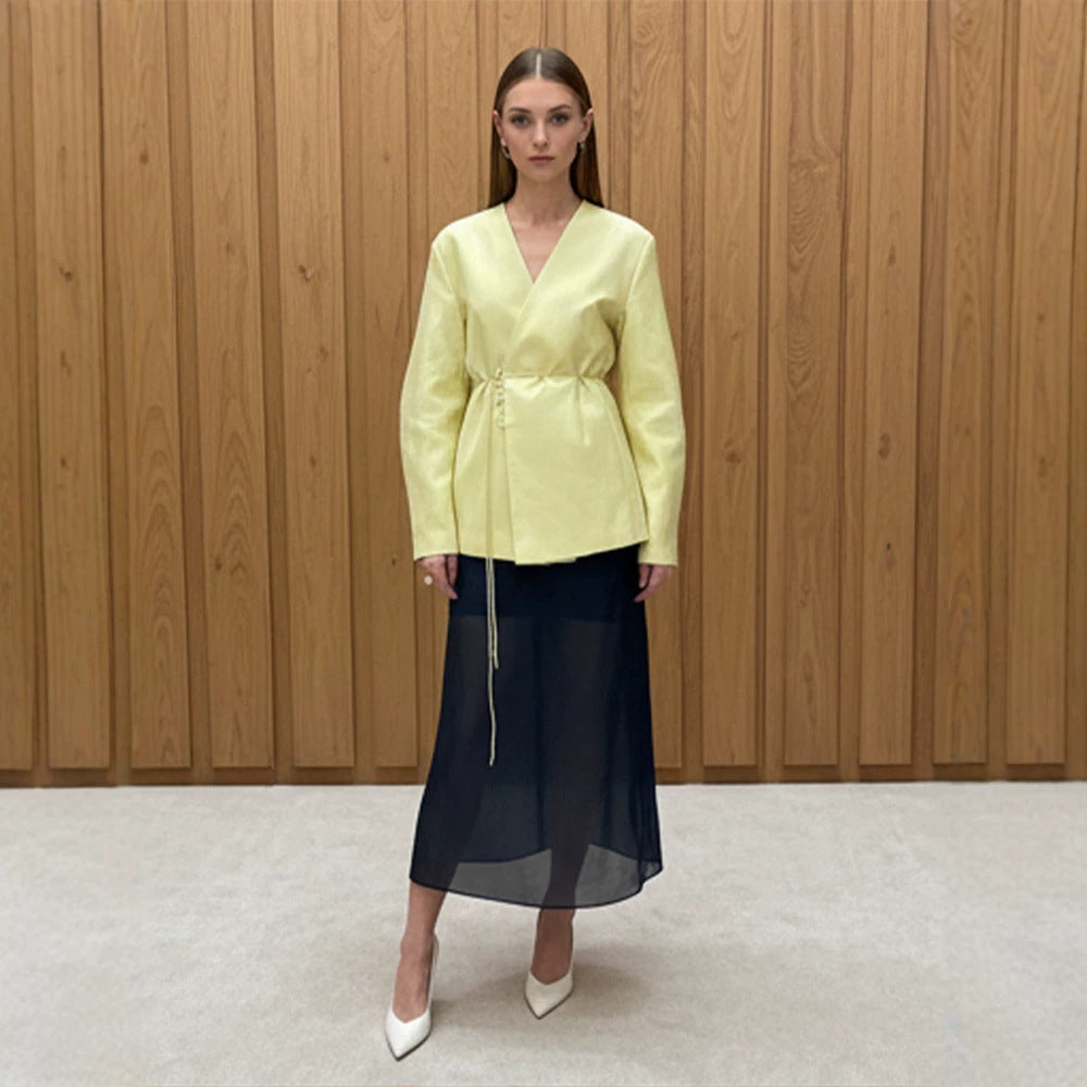 Damen Wickelblazer mit Tunnelzug und weiter Culotte‑Hose Zweiteiler Nord Taschen