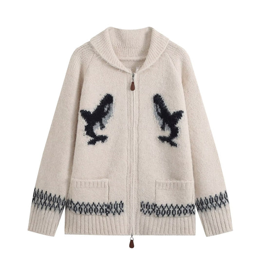 Damen Grobgestrickte Zip-Cardigan mit Schalkragen und Intarsienmotiv Nord Taschen