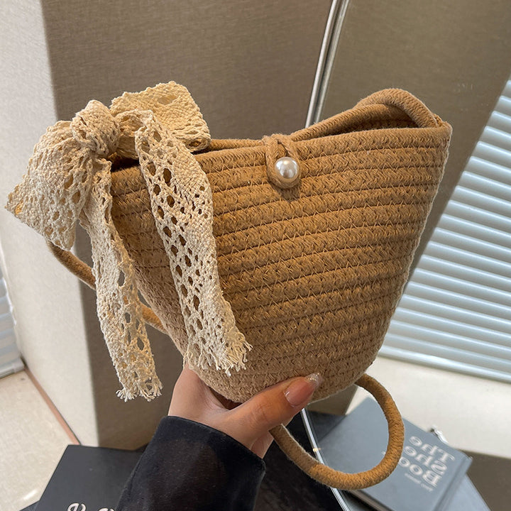Damen Strick-Umhängetasche mit dekorativem Spitzenband Nord Taschen