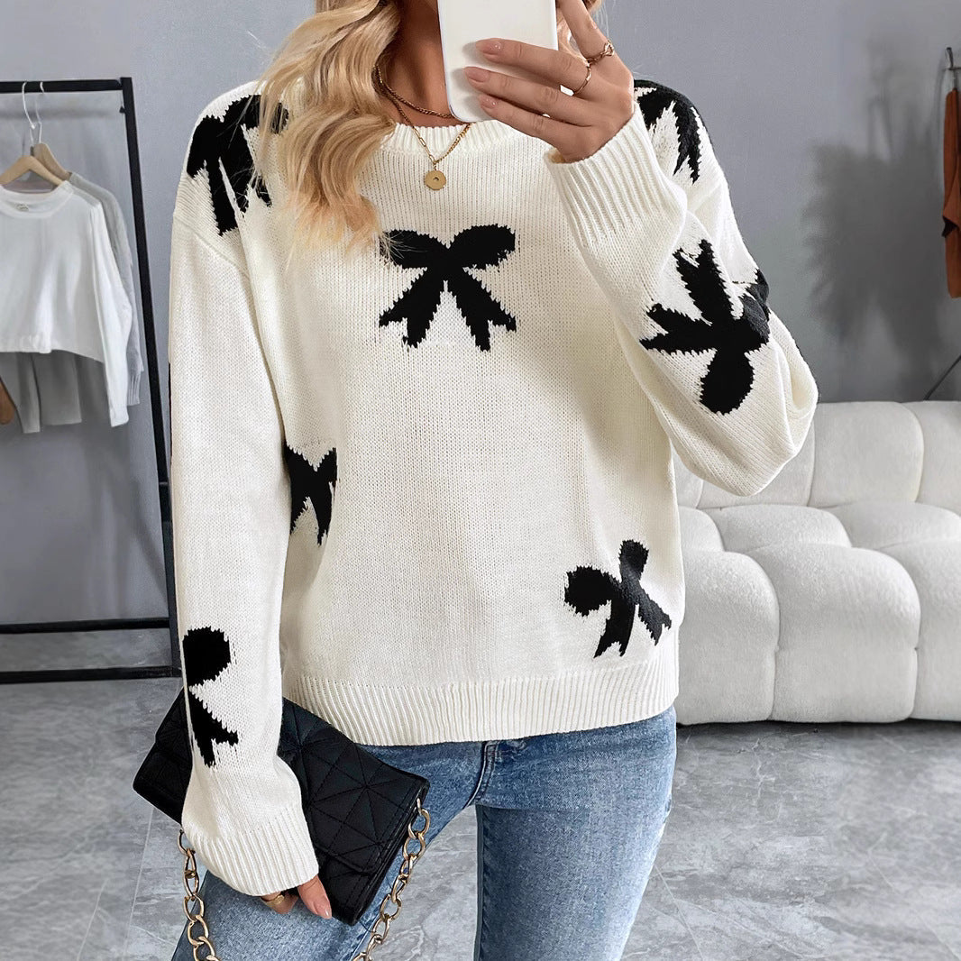 Damen Gestrickter Rundhals-Pullover mit Schleifen-Jacquard und relaxed Fit Nord Taschen
