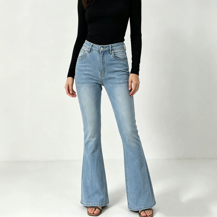 Damen hochgeschnittene Jeans mit schmaler Hüftpartie und weitem Schlag mit elastischem Bund Nord Taschen