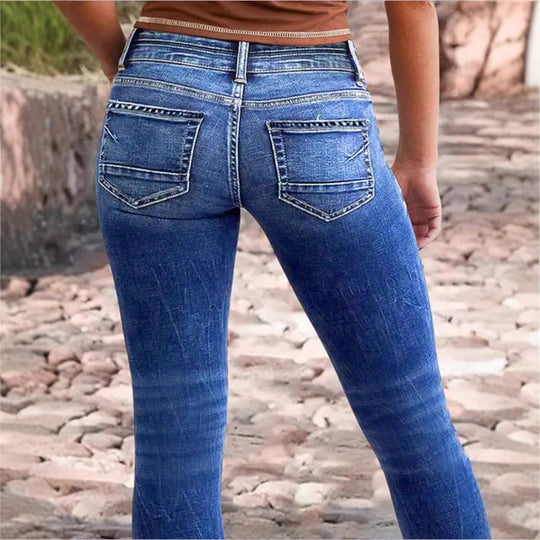 Damen hochgeschnittene Slim‑Cropped‑Jeans mit rohem Saum, Used‑Wash und elastischem Komfortbund Nord Taschen